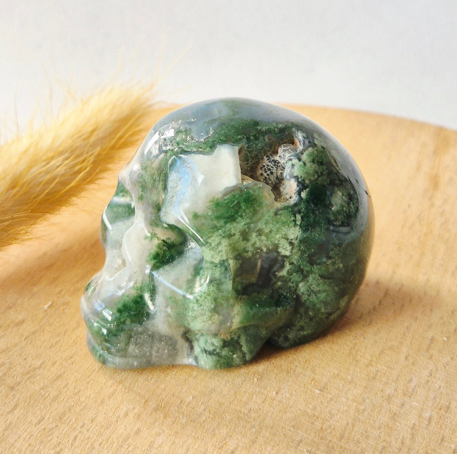 Moonlight Gemstones Mosagaat Skull Carving #7 | 5–6 cm Geslepen Edelsteen Meerkleurig