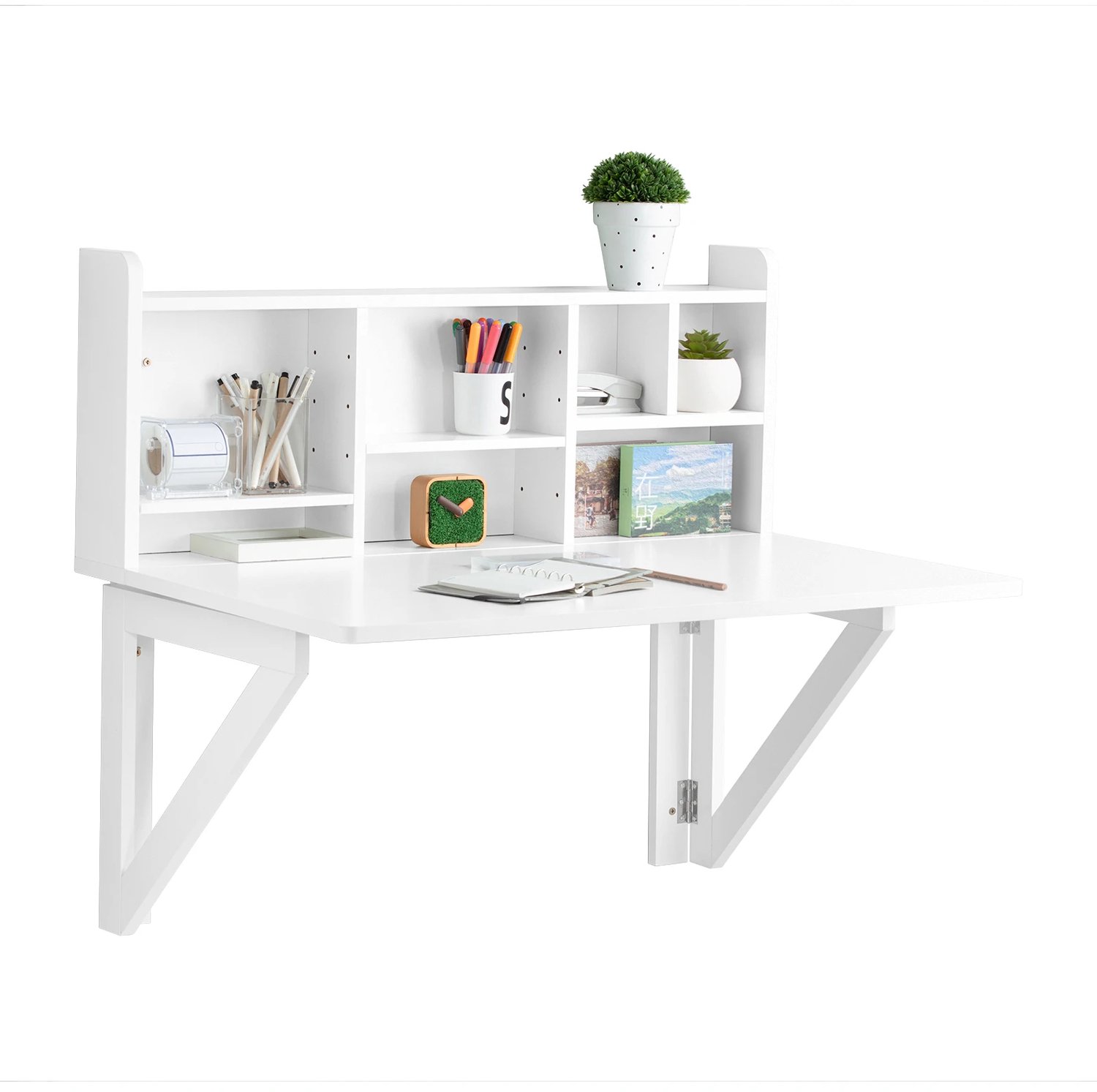 Happiq Opklapbare wandtafel met geïntegreerde plank - Voor keuken of eetkamer - Wit