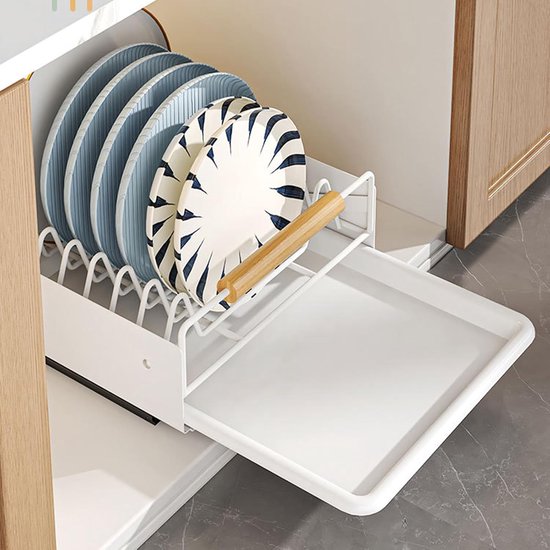 Metalen keukenlade, afdruiprek met afneembaar dienblad, organizer houder voor lade, opbergkast, keuken, kastorganizer met handvat, voor keuken