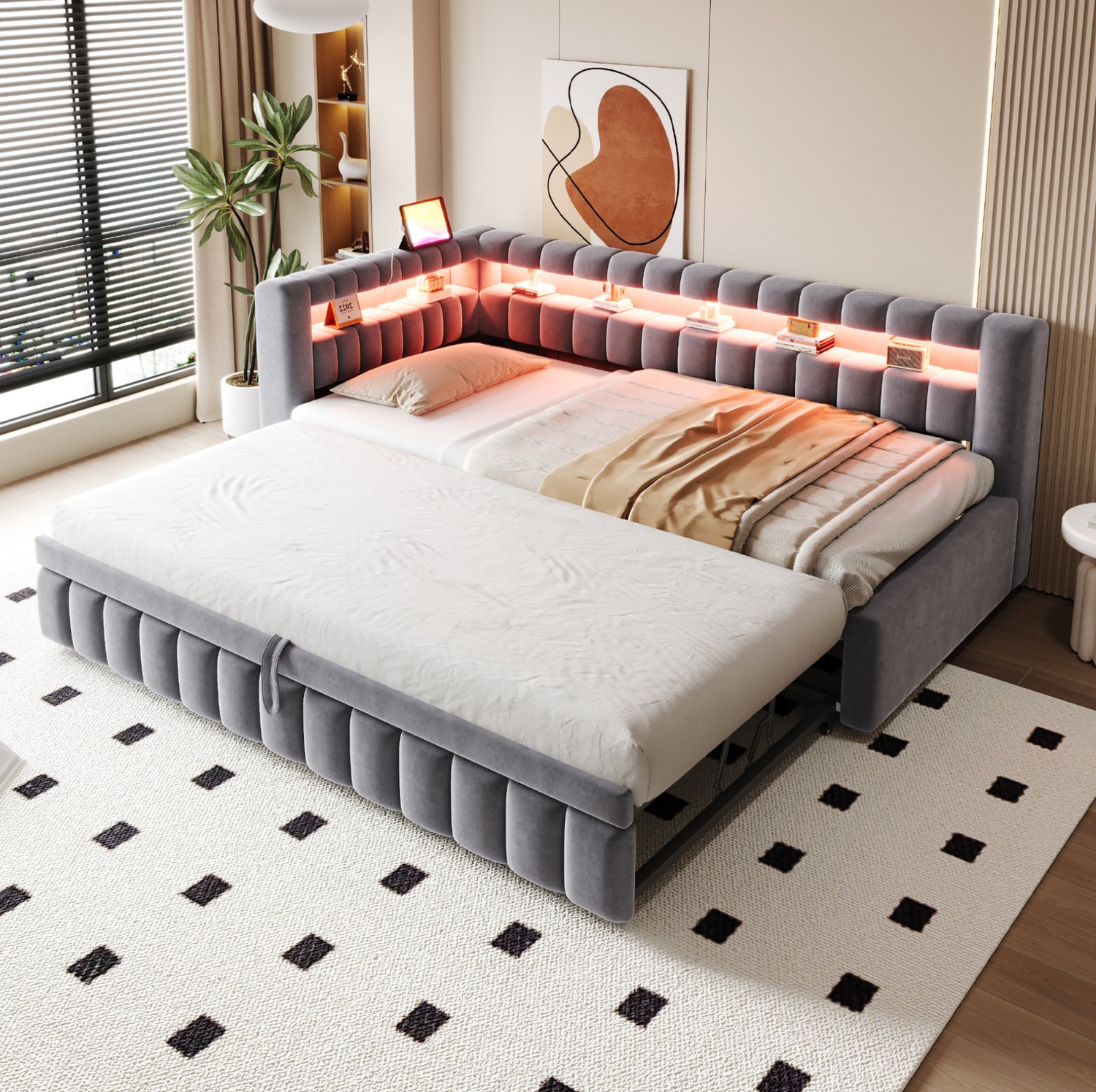 Maisentiel Donkergrijze slaapbank met uitschuifbaar bed 90 x 200 cm - fluweel, led en USB Donkergrijs