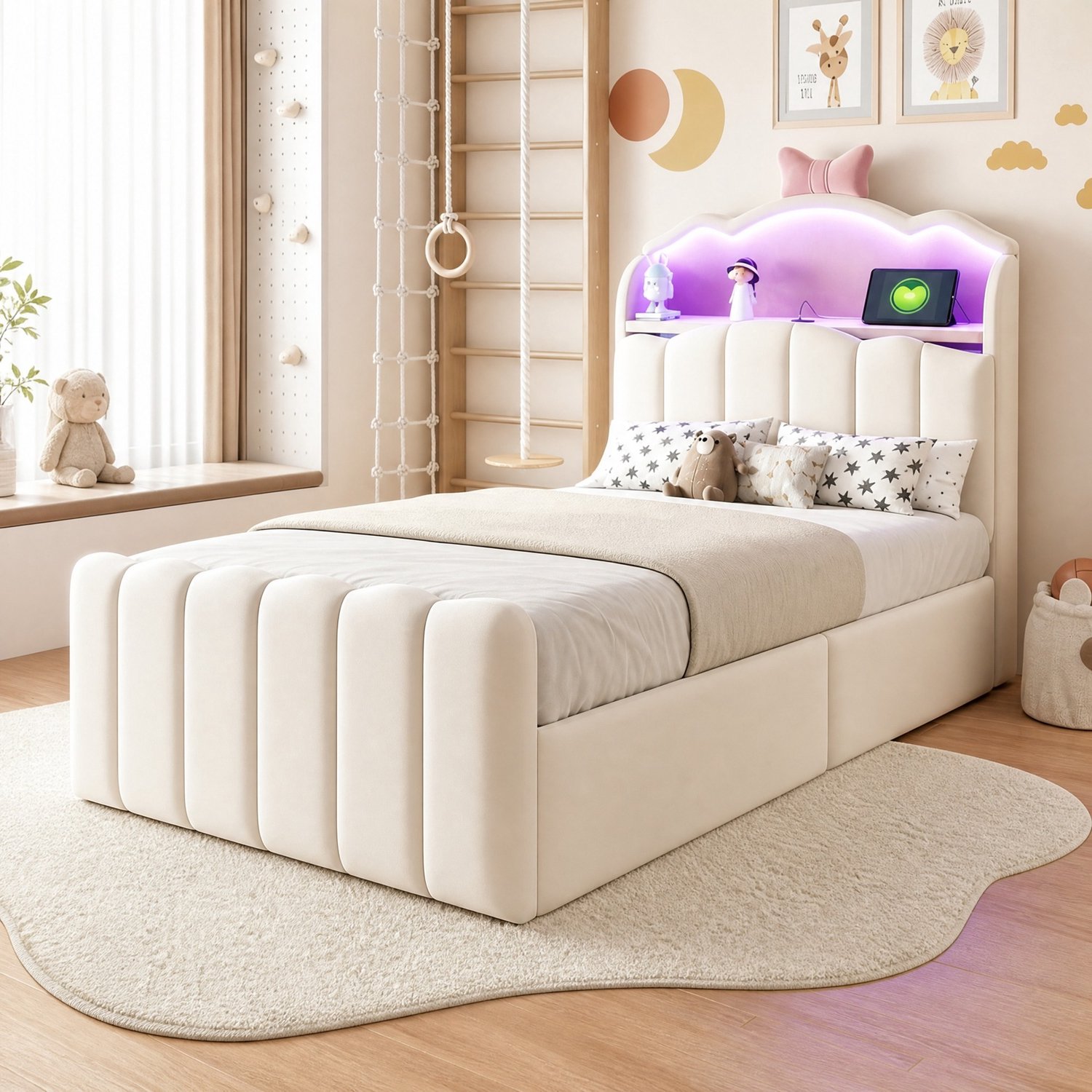Maisentiel Kinderbed 90 x 200 cm met opbergruimte, LED en USB-C - beige fluweel