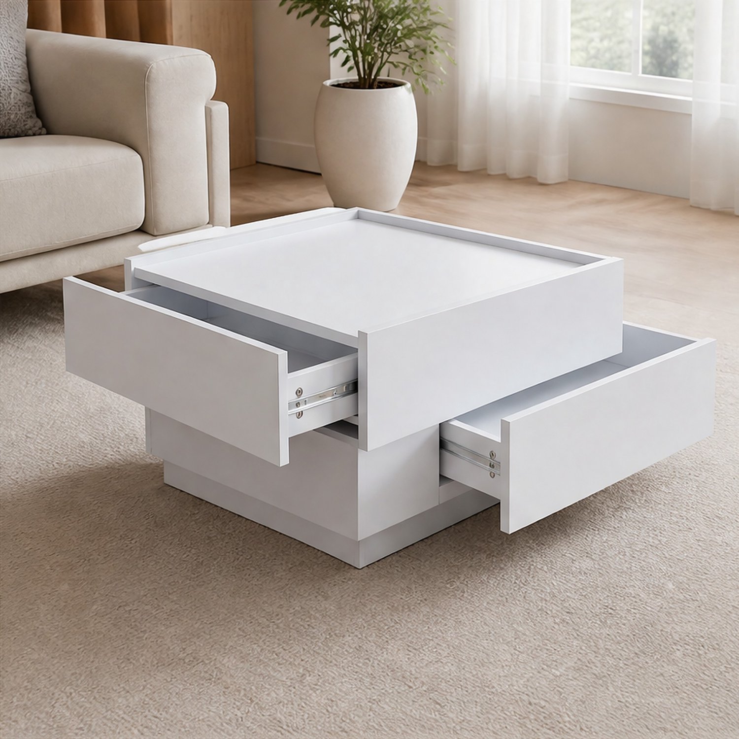 City long dragon LONG DRAGON - Salontafel - 60x60x38 cm wit - 360° draaibaar blad met 2 lades en opstaande rand