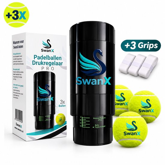 SwanX® Padelballen Drukregelaar - voor Padel & Tennisballen - Professionele Druk 10 tot 14 PSI - Incl. 3 Premium Padel Ballen van 50% Wolvilt + 3 Grips - Ball Pressurizer - Padel & Tennis Bal Accessoires SwanX® Padelballen Drukregelaar - voor Padel & Tennisballen - Professionele Druk 10 tot 14 PSI - Incl. 3 Premium Padel Ballen van 50% Wolvilt + 3 Grips - Ball Pressurizer - Padel & Tennis Bal Accessoires