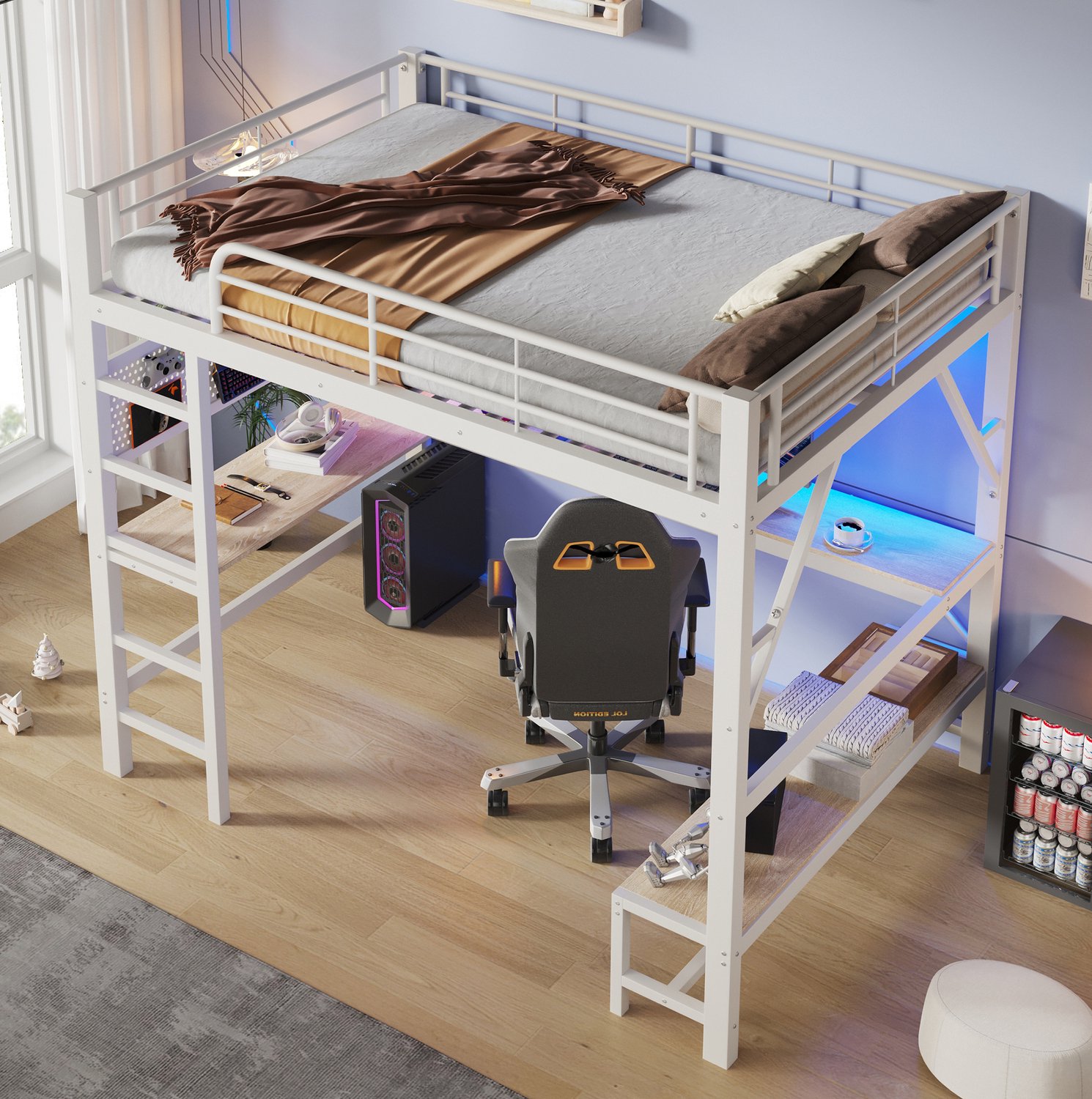 MODFU Hoogslaper - Met Bureau En Opbergruimte - Met Ladder - Metaal En MDF - Wit - 160 X 200 Cm
