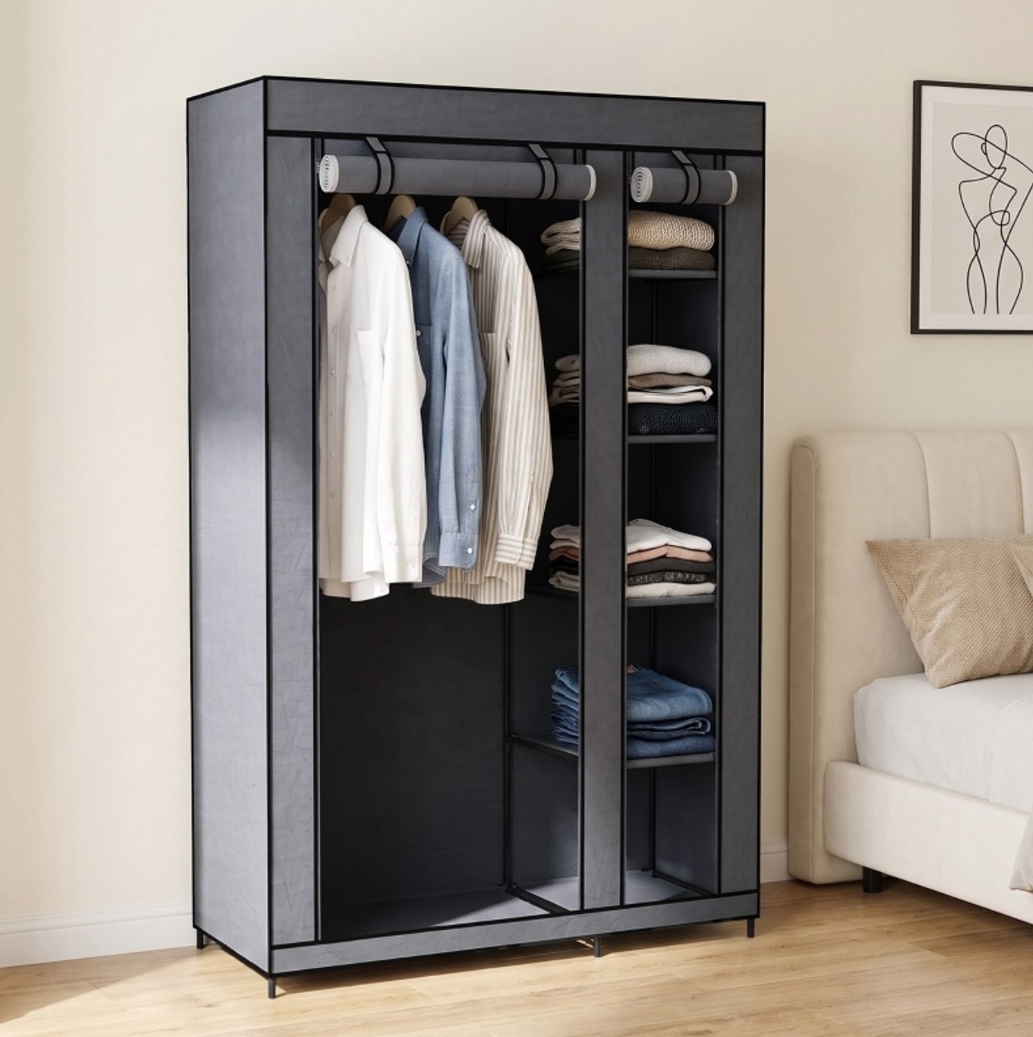 REDOM Stoffen kledingkast 110x45x175 cm - Kledingroede en 5 opbergvakken - Grijs