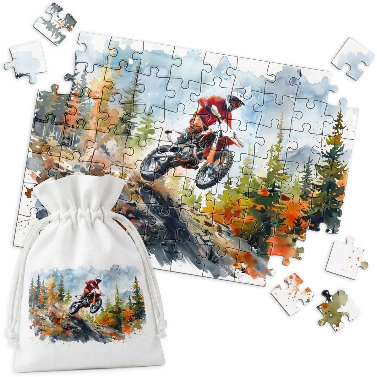 Merkloos Puzzel 70 Stukjes - Motorcross in Bos, Aquarel Stijl