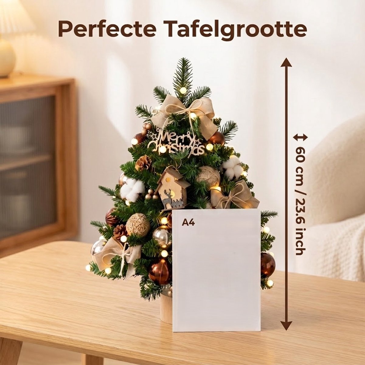 Mini Kunstkerstboom 60 cm- Tafelkerstboom 60 cm met LED, Kerstdecoratie, PVC+PE & Houten Voet – Sfeervolle Tafelkerstboom – Tafel Decoratie – Kerst Versiering voor Thuis & Kantoor – foto 6