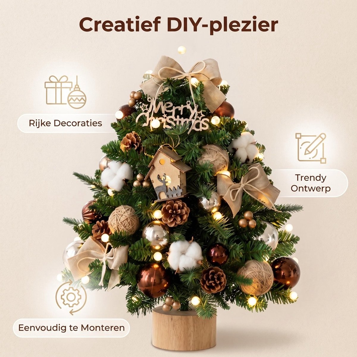 Mini Kunstkerstboom 60 cm- Tafelkerstboom 60 cm met LED, Kerstdecoratie, PVC+PE & Houten Voet – Sfeervolle Tafelkerstboom – Tafel Decoratie – Kerst Versiering voor Thuis & Kantoor – foto 4
