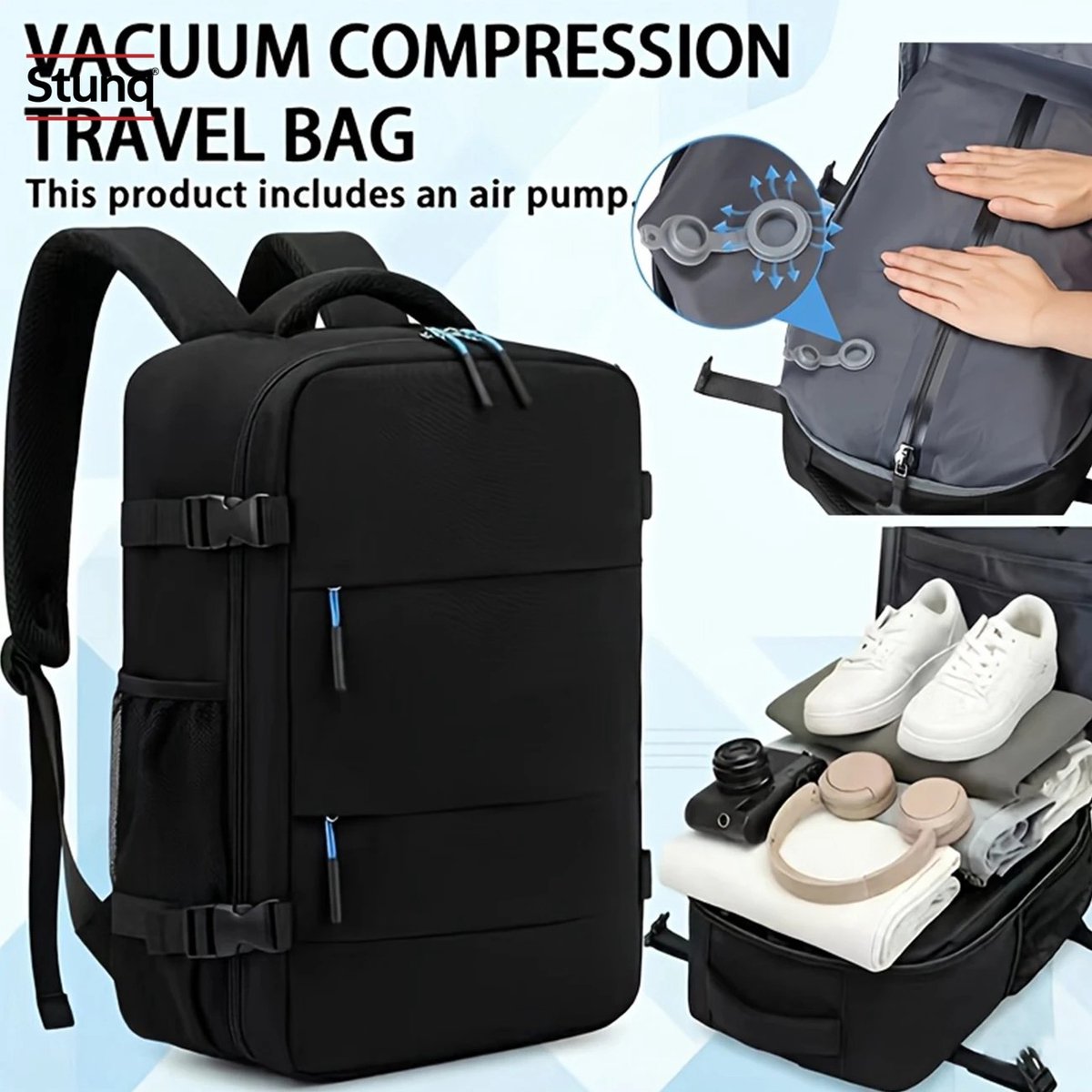 Stunq® Vacuüm-compressie reisrugzak, lichtgewicht opvouwbaar, zwart