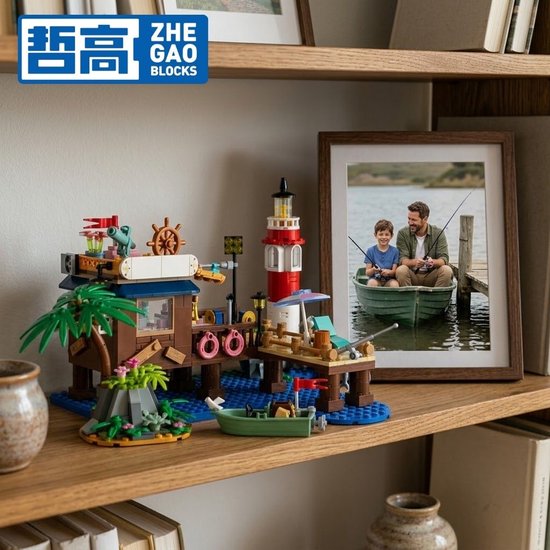 Vissershut met vuurtoren en boot, op een boekenplank naast een ingelijste foto van een vader en zoon.
