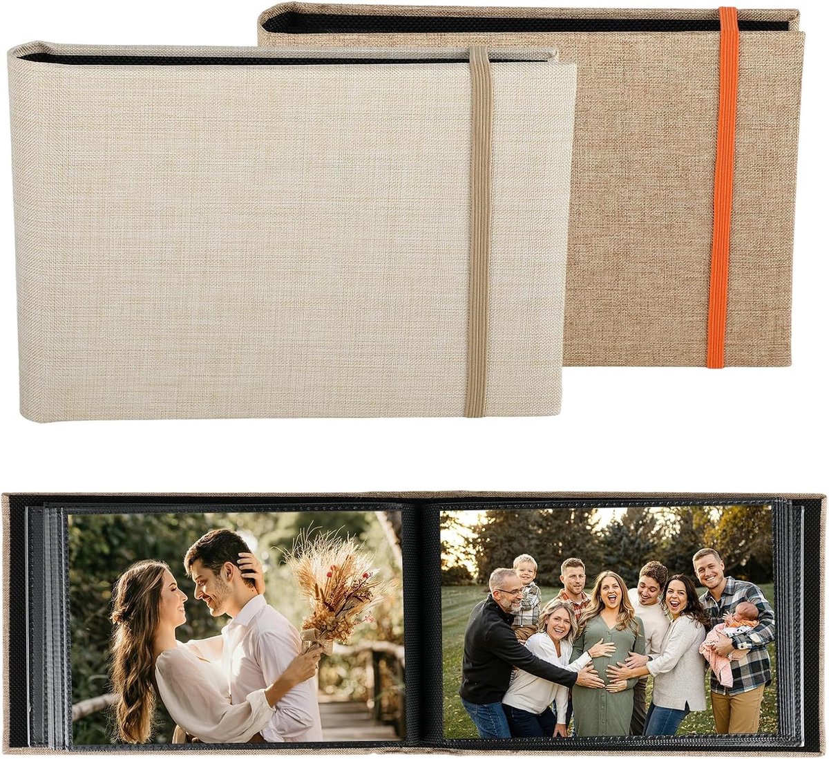 Fotoalbum 10 x 15 cm, Set van 2, Geschikt voor 200 Foto's, Linnen Kaft, Elastische Band, Zwarte Pagina's, Perfect voor Reizen en Verjaardagen