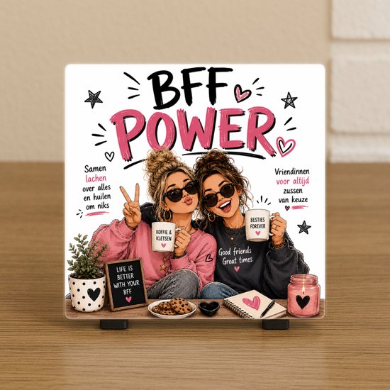 BFF POWER. Deux femmes portant des lunettes de soleil posent avec des tasses. À gauche : 'Rire ensemble de tout et pleurer pour rien'. À droite : 'Amies pour toujours sœurs de choix'.