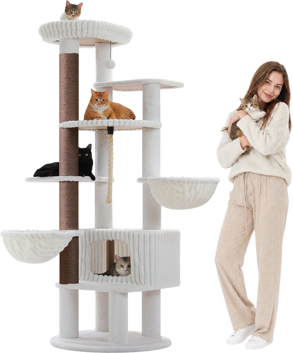 EcoPawPaw XXL Krabpaal 188 cm – Voor Grote Katten & Meerdere Katten – 2 Hangmatten – Groot Kattenhuis – Dikke 8,9 cm Sisalpalen – Wit