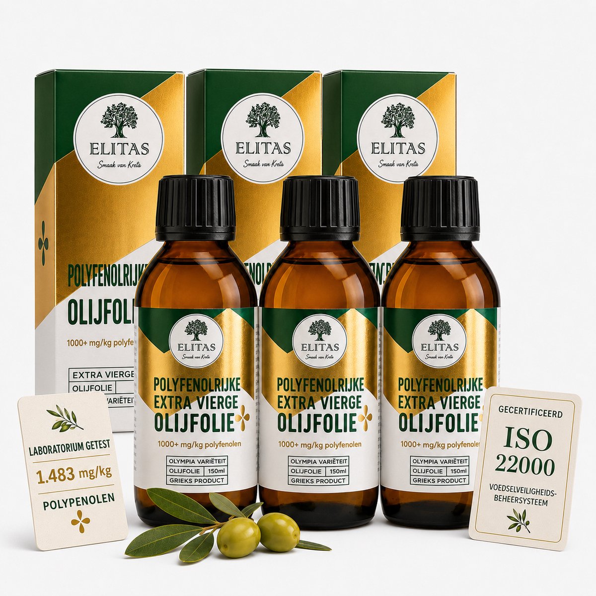 ELITAS Polyfenolrijke Extra Vierge Olijfolie – Griekse Olijfolie – Olympia-variëteit – Koud Geëxtraheerd – 1483 mg/kg Polyfenolen – 3x150 ml Glazen Fles – Laboratorium Getest