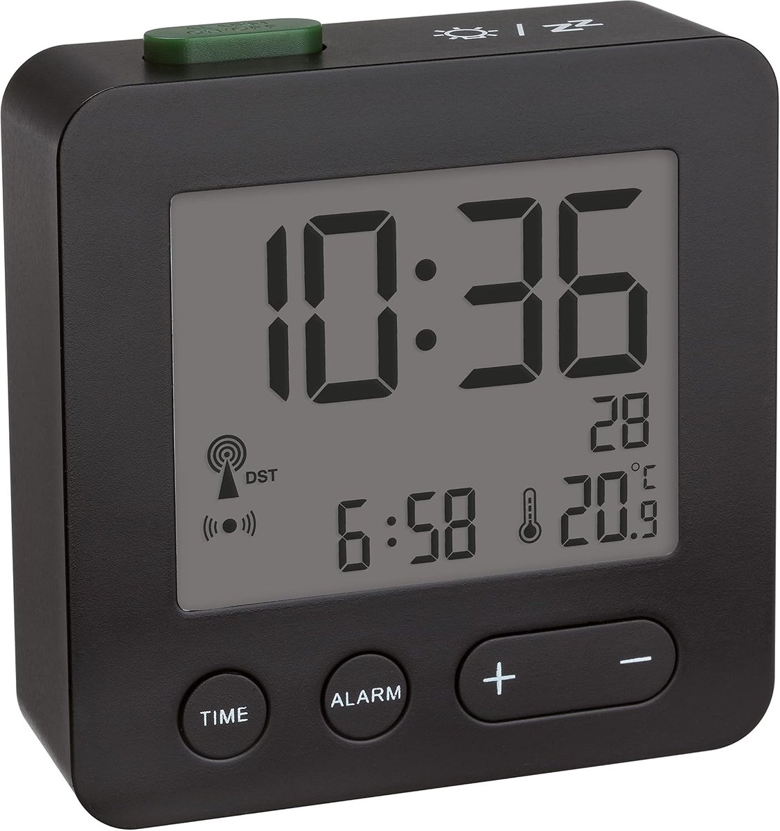 Zendergestuurde wekker, 60.2545.01, weergave van datum en binnentemperatuur, achtergrondverlichting, alarm met snooze-functie, zwart, kleind en handig, (L) 66 x (B) 22 x (H) 68 mm