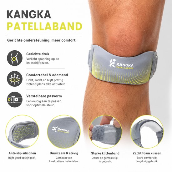 KANGKA patellaband met details over anti-slip siliconen, duurzaamheid, klittenband en zacht kussen.