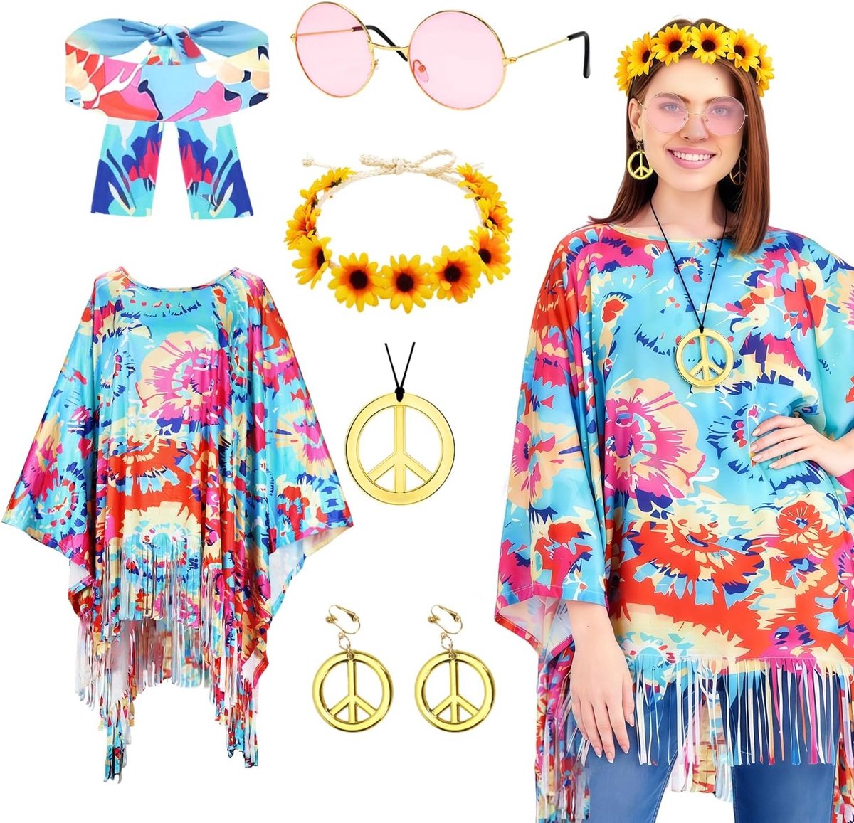 60s 70s Hippie Kostuum voor Dames - Carnaval Outfit met Poncho en Disco Stijl voor Feestjes