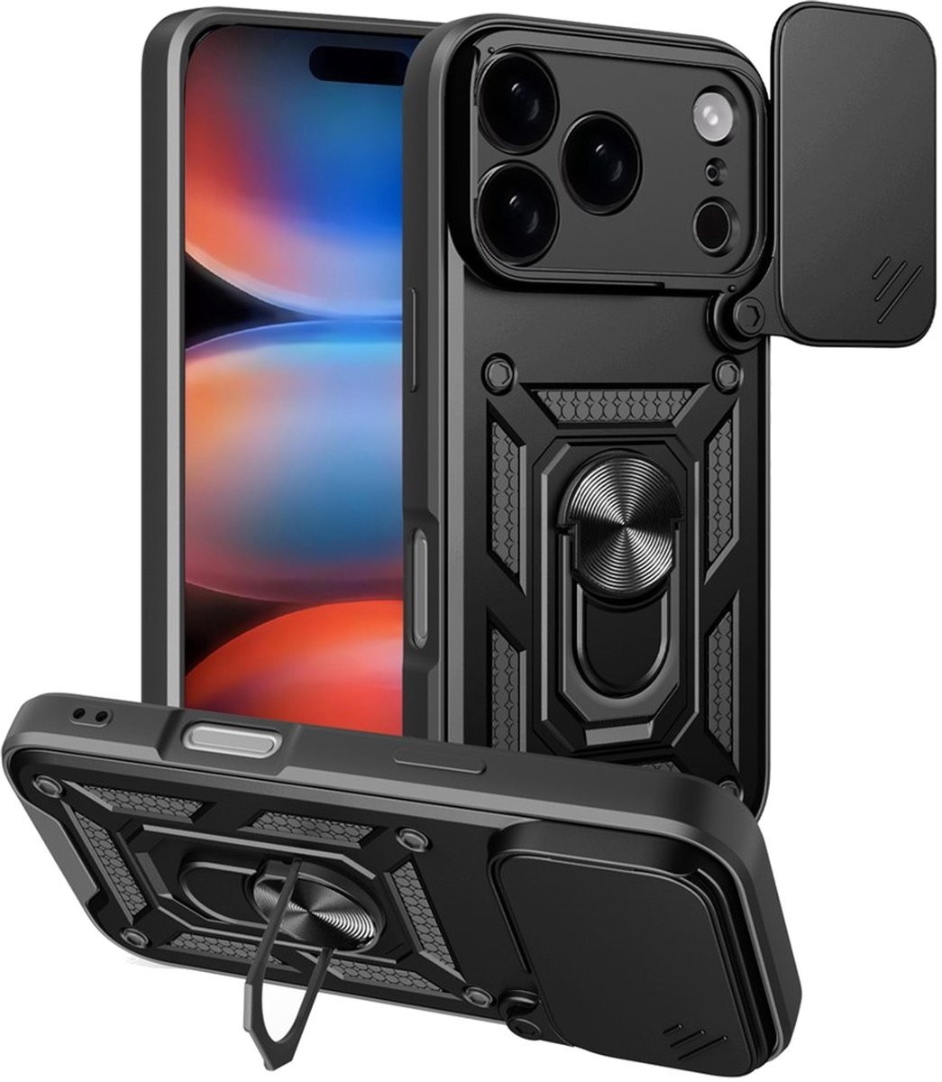 MobyDefend Hoesje - Geschikt voor iPhone 18 Pro - Pantsercase Met Draaibare Ring - Zwart