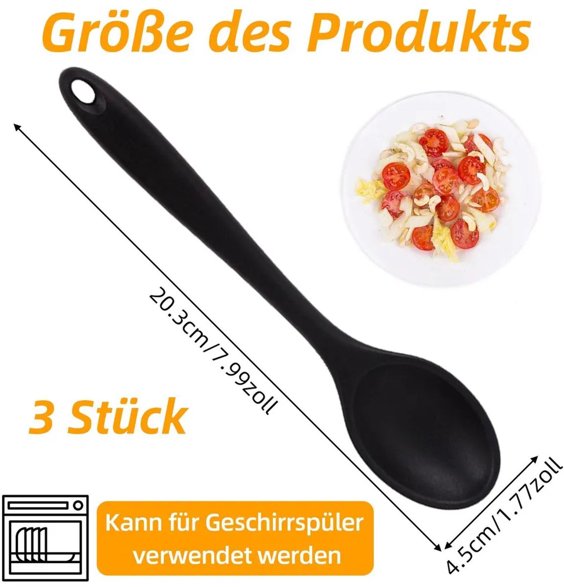 Antiaanbak siliconen kooklepels, plastic serveerlepels, 3-delige set zwarte antiaanbak siliconen lepels, siliconen keukenlepels Geschikt voor koken, bakken en roeren.