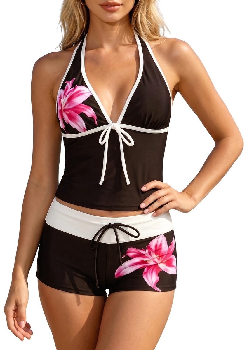 Y2K Vintage 2-delige Bikiniset - Coquette Halter Tankini Top met Shorts voor Dames - Polka Dot Retro Zwempak - Geschikt voor Strand, Zwembad en Zomervakantie - Cute & Trendy Badmode
