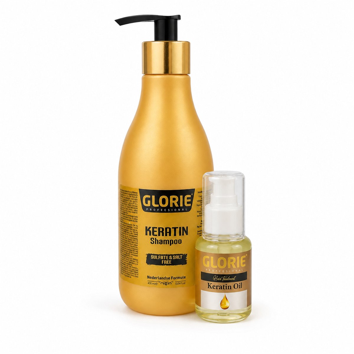 Glorie Keratin Shampoo 400 ml + Keratin Oil 50 ml – Haarverzorging Set – Sulfaat- & Zoutvrije Shampoo – Keratine Haarolie