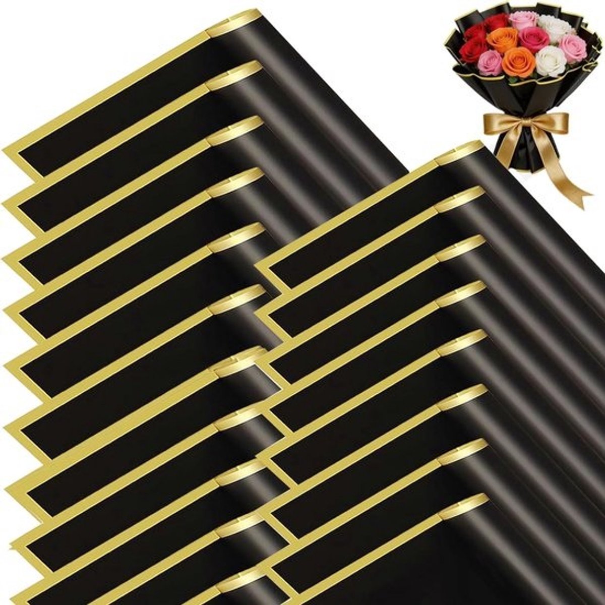 Boeket cadeaupapier - Bloemenpapier Verpakking - Boeketten Verpakken - Waterdicht met Gouden Rand - 20 vellen - Zwart