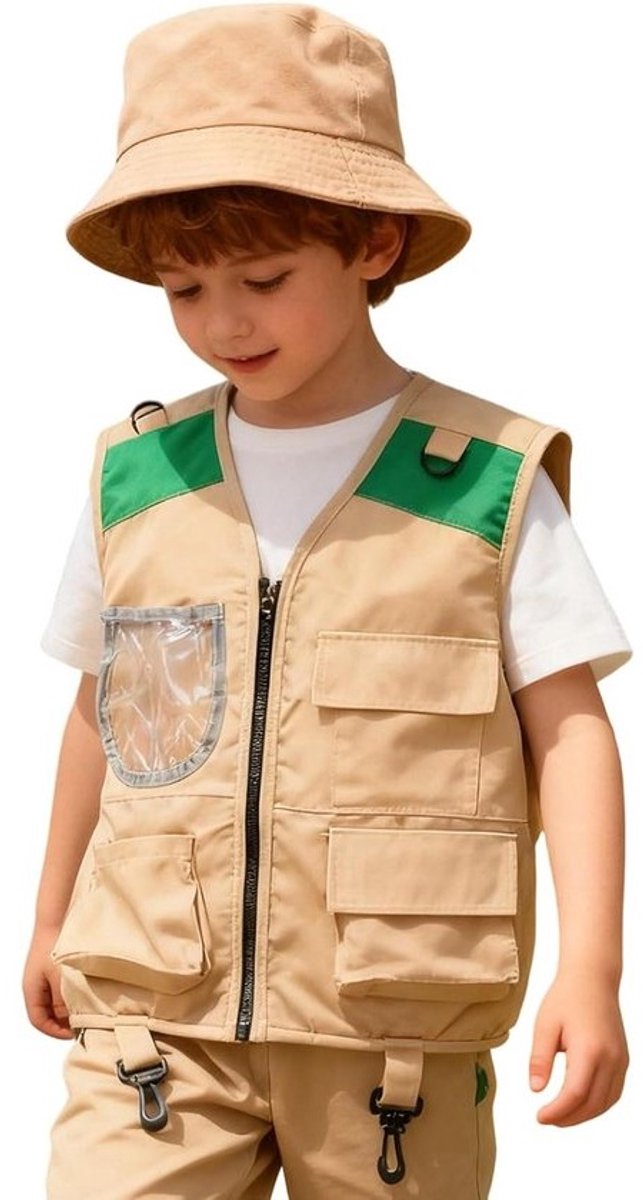 Kinder Explorer Set - Avontuur Outfit - Rollenspel Buiten - Met Opbergvakken - 40x48cm Vest - Bruin