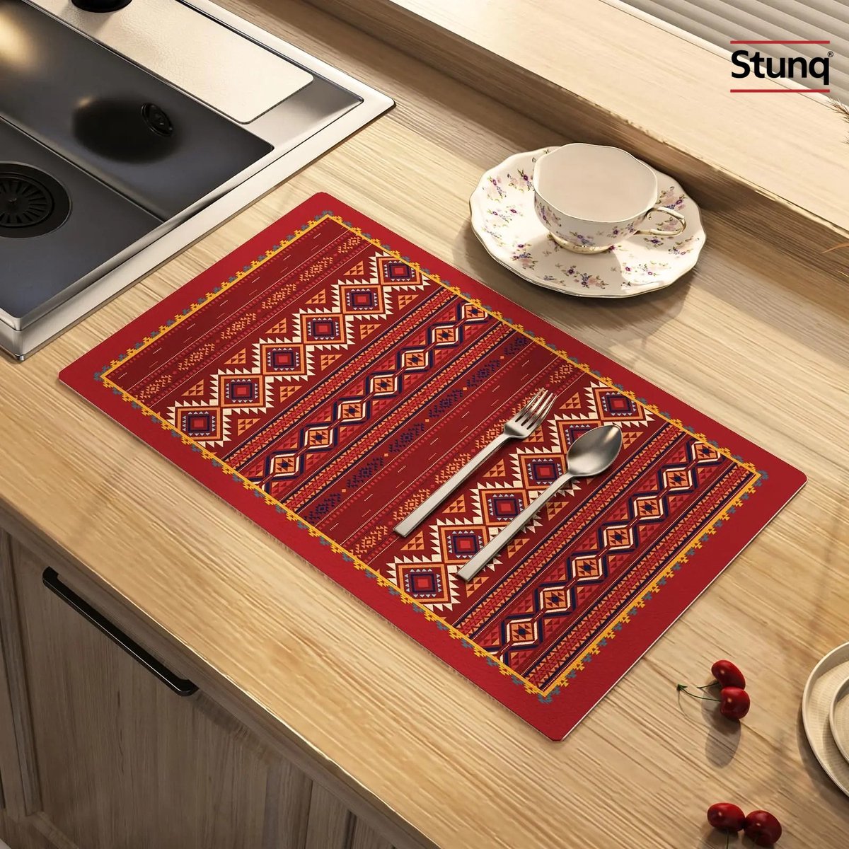 Stunq® Schoteldroogmat Boheems rood - absorberend & anti-slip
