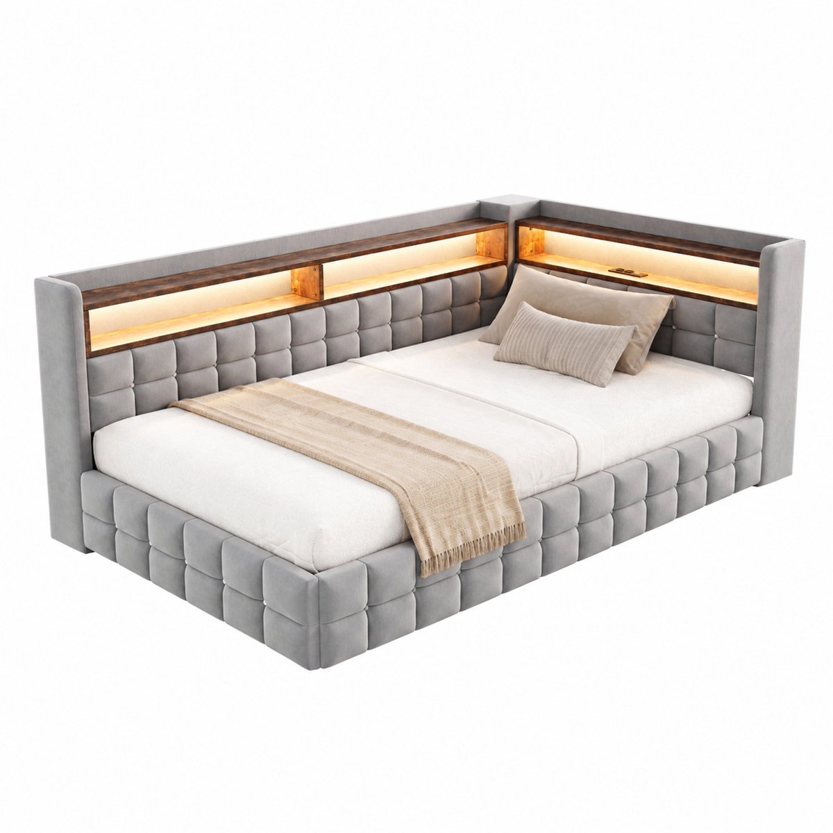 WUVRIE Slaapbank 90x200 cm met opbergruimte, LED en USB in lichtgrijs