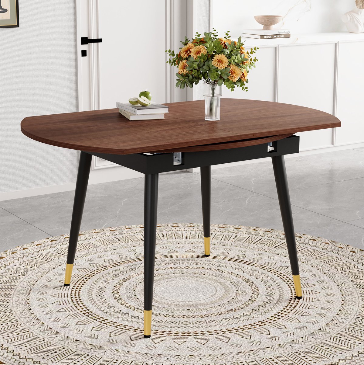 MODENUIT Eettafel - Uitschuifbaar Van Rond Naar Ovaal - MDF En Metaal - Walnoot - 135x85x77 Cm