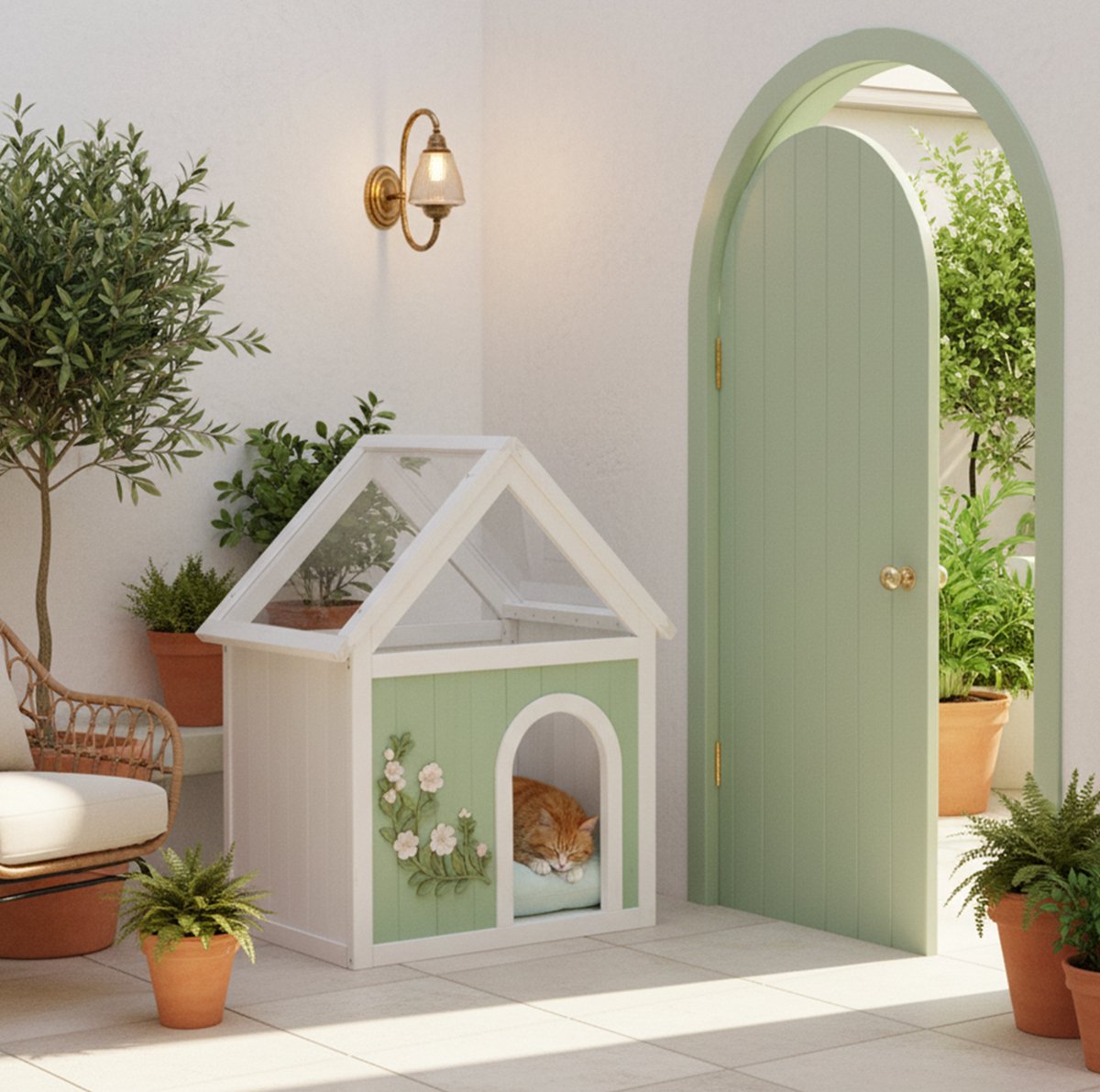 MIVRAY Dierenhuis – Kattenhuis Met Acryldak En Bijzettafel Bovenkant – 63,5 X 47,5 X 78 Cm – Hout En Plexiglas – Mint – Voor Binnen