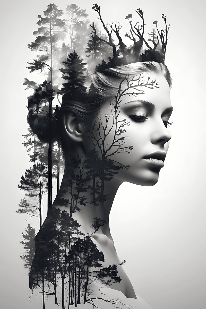 Bosmeisje Zijkantposter - Zwart Wit Kunst - Natuursetting - Artistiek - Visueel - Creatief - posters - formaat 30x40cm - Wanddecoratie - XS2484MT