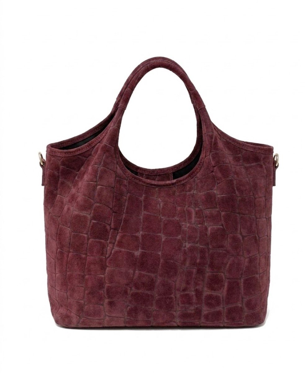 Bordeaux Suède Schoudertas Crocoprint - Ruime Leren Handtassen - Extra Lang Hengsel - Goud Beslag - Bordeaux