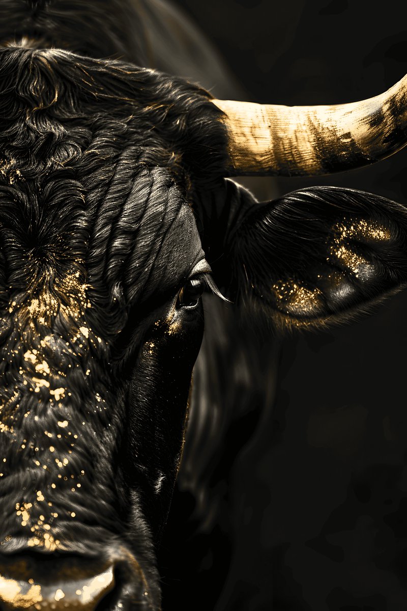Goud Zwarte Stier - Luxe Dieren - Krachtige Afbeelding - Stijlvol Kunst - Moderne Decoratie - Contrastrijk - posters - formaat 70x100cm - Wanddecoratie - L2320MT