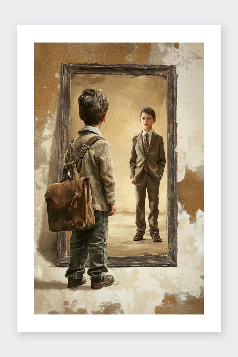 Jongen Poster - Spiegel - Reflectie - Aquarel - Kunst - Mystiek - Expressief - posters - formaat 30x40cm - Wanddecoratie - BXS5422PVD - Met kader - passe-partouts stijl