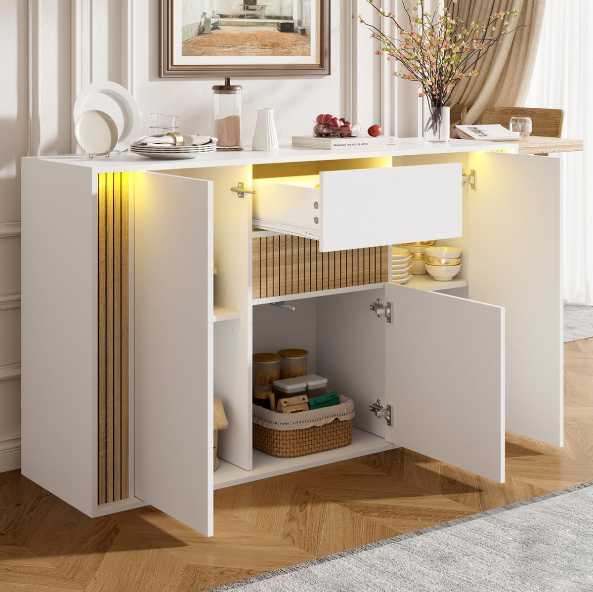 MODENUIT Dressoir - 3 Deuren En 1 Lade Met LED-Verlichting - Woonkamer En Hal - Spaanplaat - Wit - 140x40x82 Cm