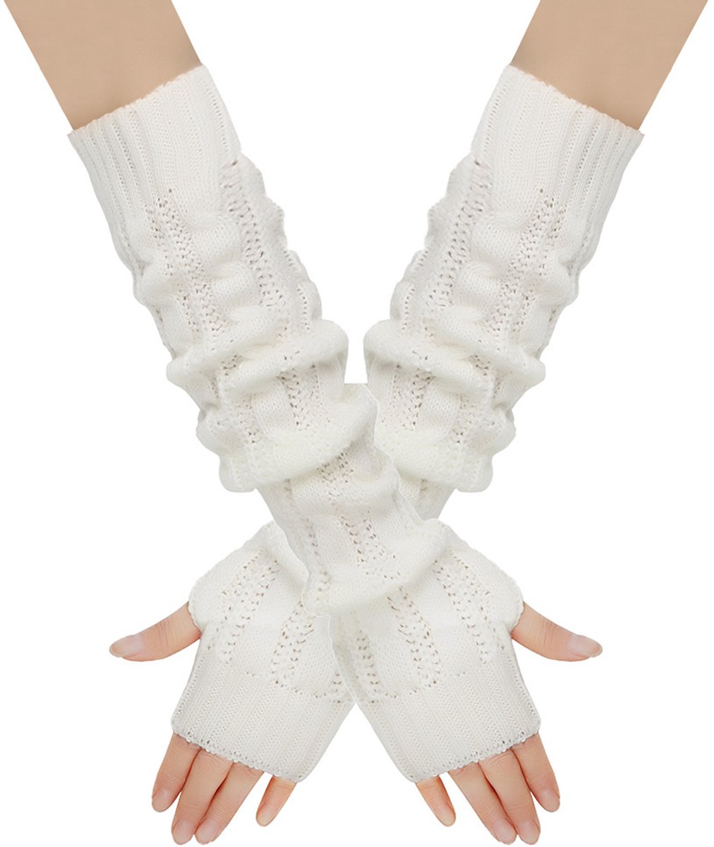 1 paar - Vingerloze handschoenen - Polswarmers - Armwarmers - Vingerloze handschoenen - Lange gebreide polswarmers - Gebreide wintermouwen voor dames - 50*7,5 cm - Gebroken wit