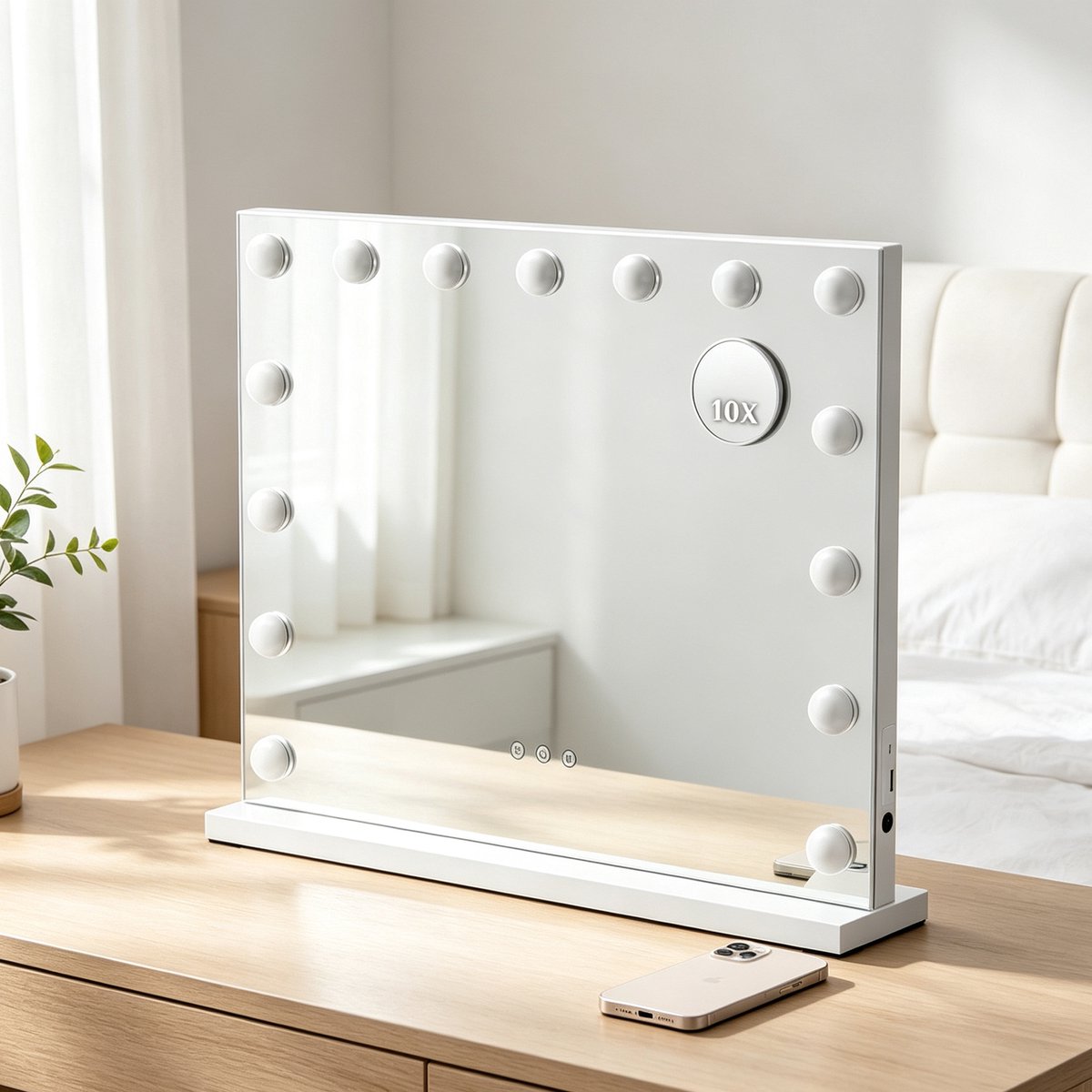ANTENLICHT Make‑up Spiegel - Hollywood Spiegel 58x48CM met Verlichting - 15 Dimbare LED Lampen - 10x Vergroting - 3 Lichtstanden - USB & USB‑C Oplaadporten - Touch Bediening - Wit