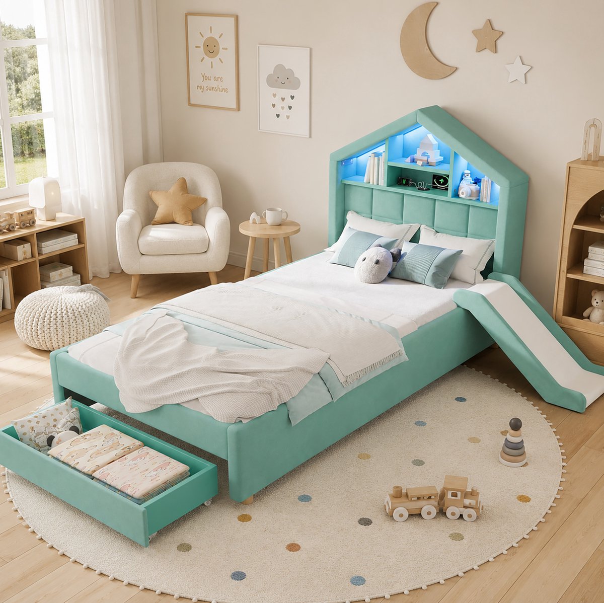 DESMIU Kinderbed 90x200 cm Zonder Matras Blaugrijs Gevoerd Huisbed Met Links Of Rechts Monteerbare Glijbaan LED Licht Oplaadpunt En Opbergruimte Voor Kinderen Zacht Fluweel Blauwgroen