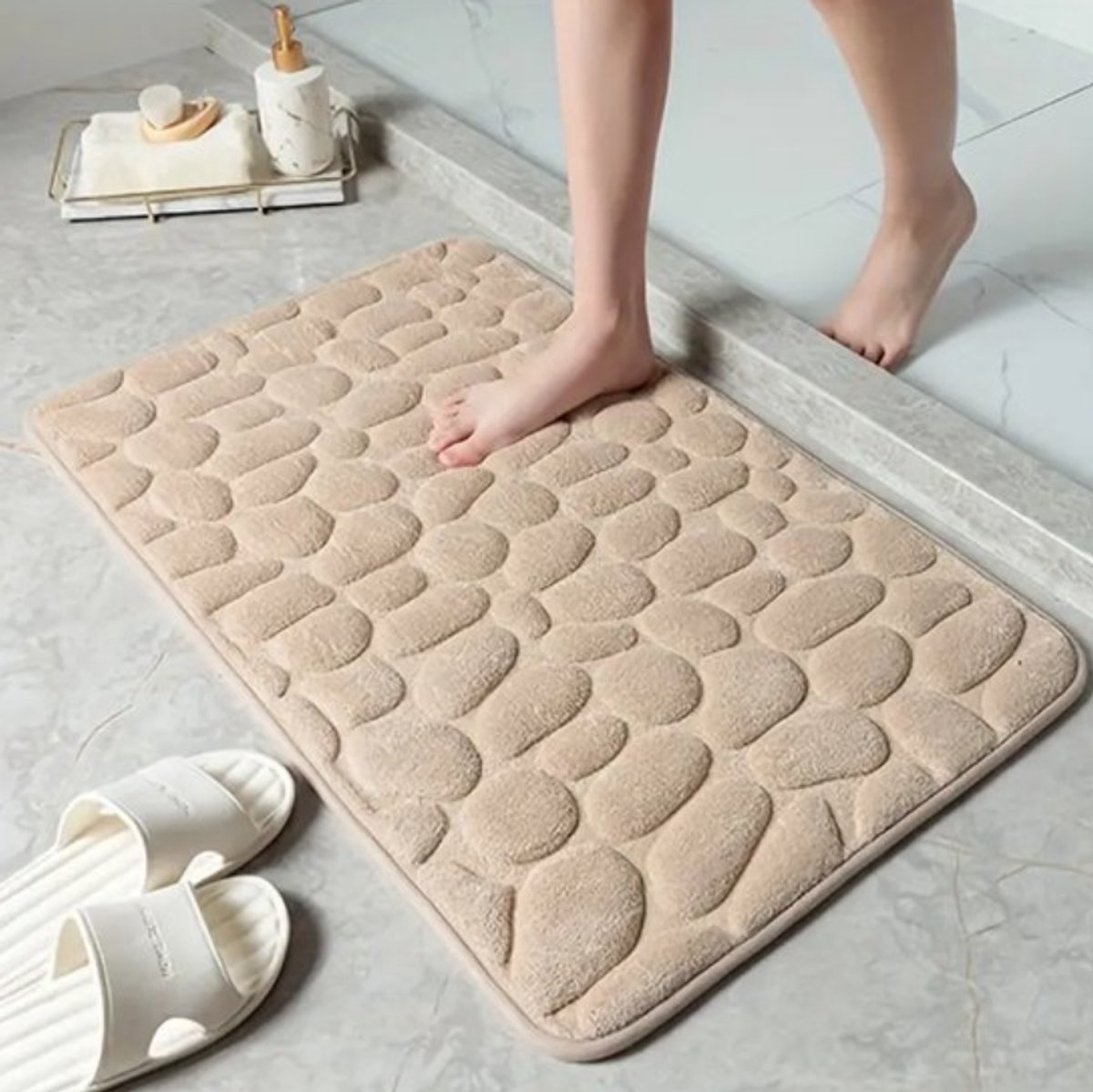 Badmat set van , Beige 40 x 60 cm, Antislip PVC‑achterkant, Machinewasbaar, Langwerpige zachte badmat met hoge waterabsorptie
