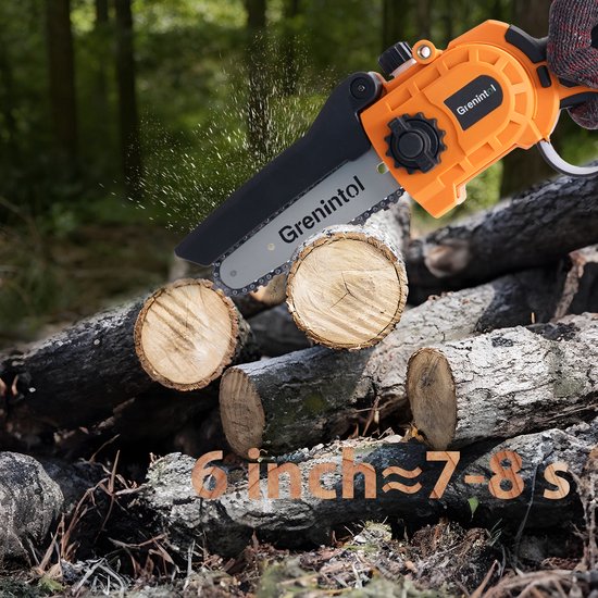 Grenintol Mini Kettingzaag - Snoeizaag - 6 inch - Kettingzaag - Snoeizaag voor Takken en Hout - Draadloze Elektrische Kettingzaag - 24V 6000mAh - Handzaag - Brushless Motor - Automatische Kettingsmering - 2 Kettingen & Opbergkoffer — afbeelding 2