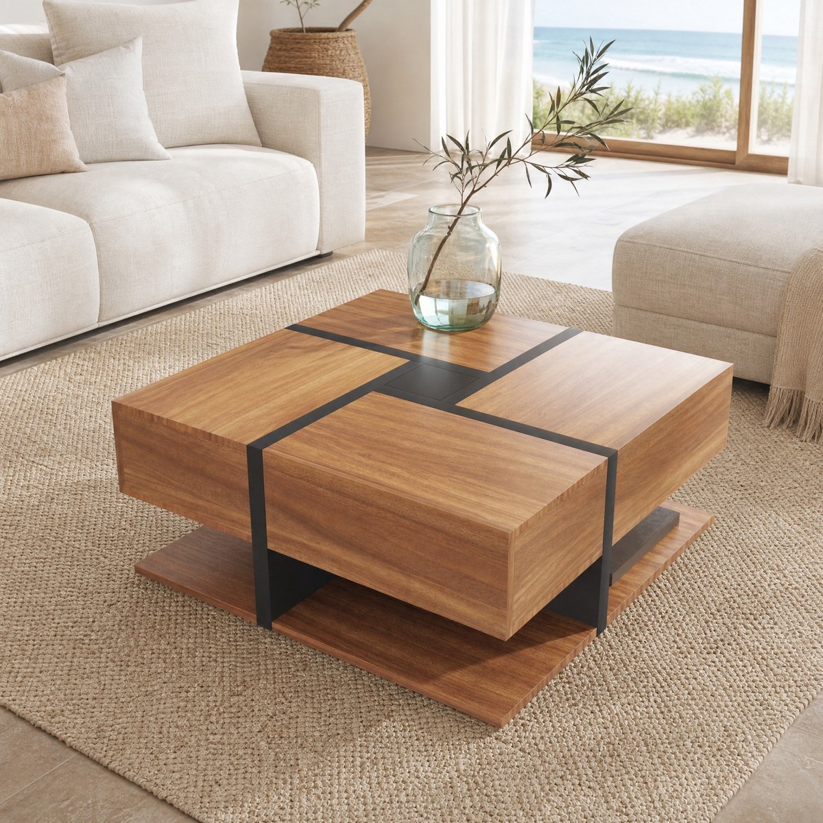 MIVRAY Salontafel - Vierkante Koffietafel Met 4 Lades En Onderplank - Modern Voor Woonkamer - Spaanplaat - 78x78x36 Cm - Zwart Houtkleur