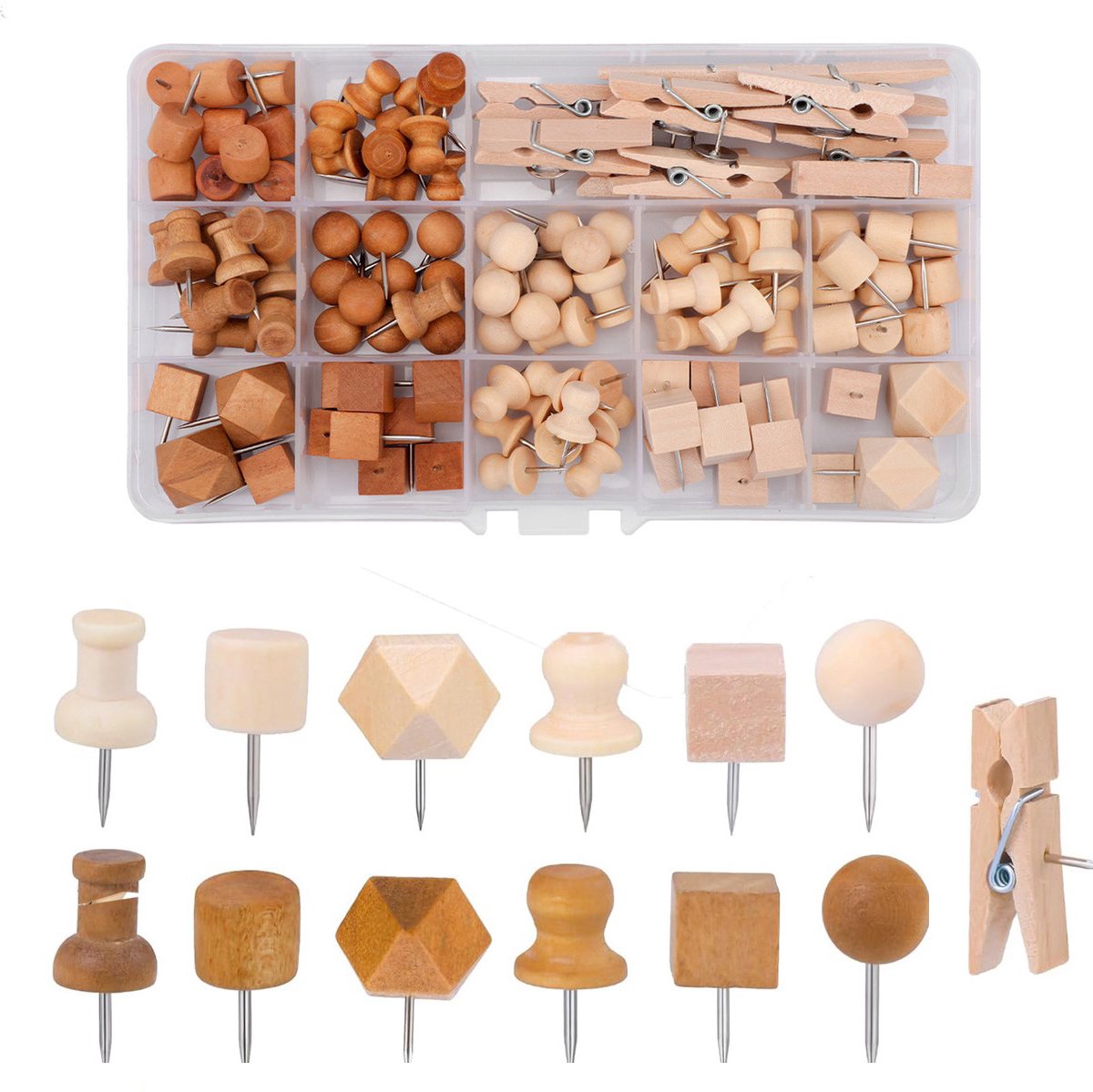 Punaise - 114 stuks - Pushpin knijpers - Houten - houten pushpins - Punaises voor kurkborden - Decoratieve houten punaises - kaartprikkers en markeerpinnen - Punaises voor prikbord of memobord - 2 kleuren
