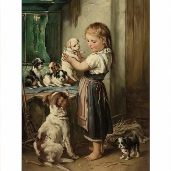 Une jeune fille aux cheveux blonds tient un chiot blanc. Elle porte une chemise blanche, un tablier et une robe bleue. Il y a cinq autres chiots et un grand chien.