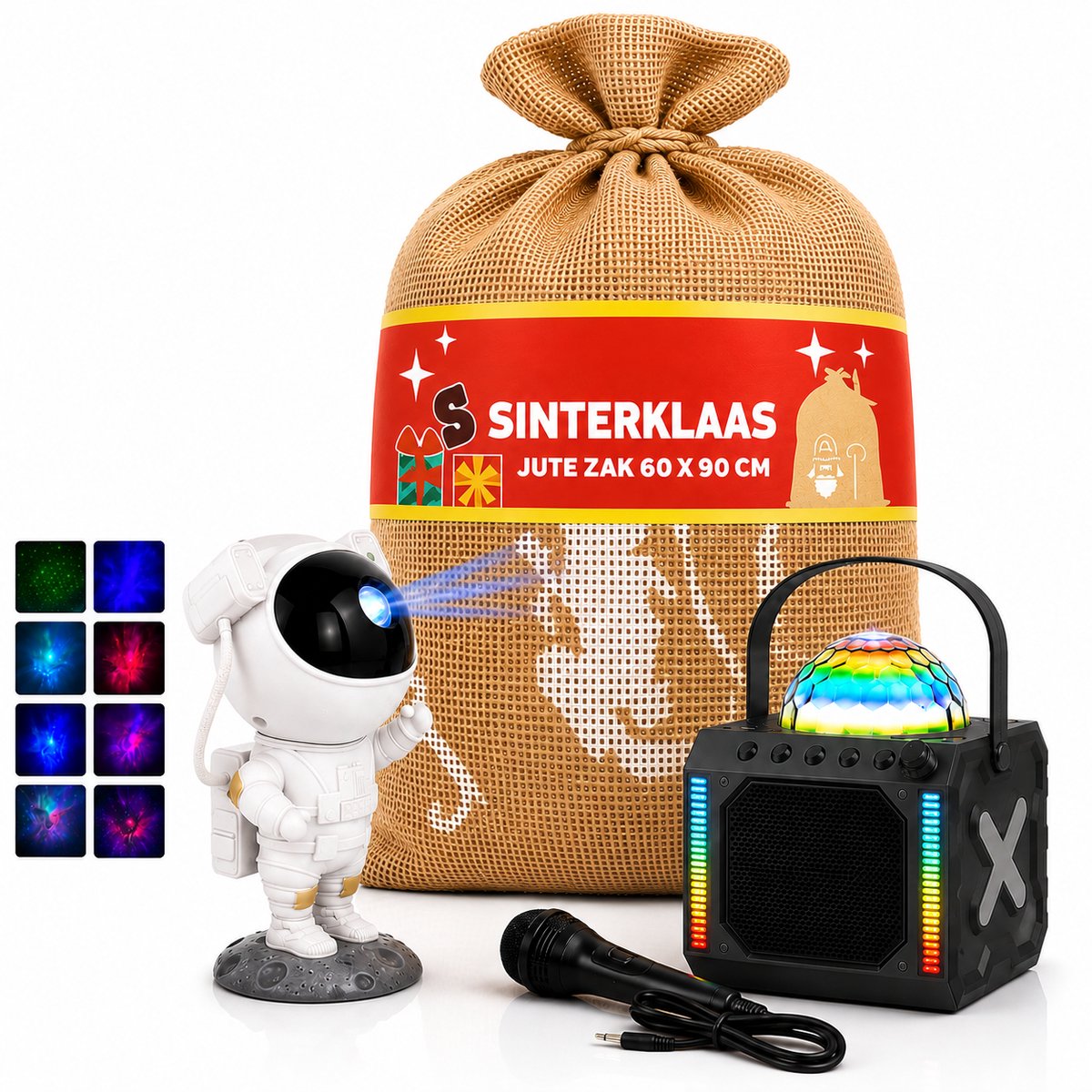 Sinterklaas Zak + Cadeautjes Kind Cadeau- Karaoke Set met Microfoon + Astronaut Galaxy Projector - Sterrenhemel - Sterrenlamp - Jongen Meisje