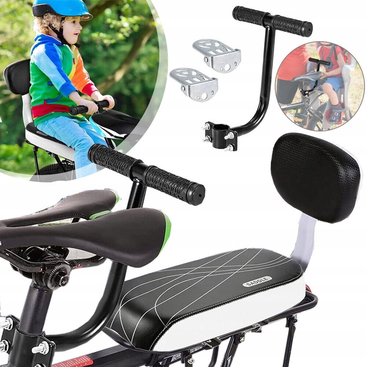 Fietszadelkussen Met Armleuningen En Voetsteunen - Dikke Schokabsorberende Spons, PU-Leren Bekleding, Antislip, Geschikt Voor Hybride Fietsen, MTB En E-Bike - Zwart