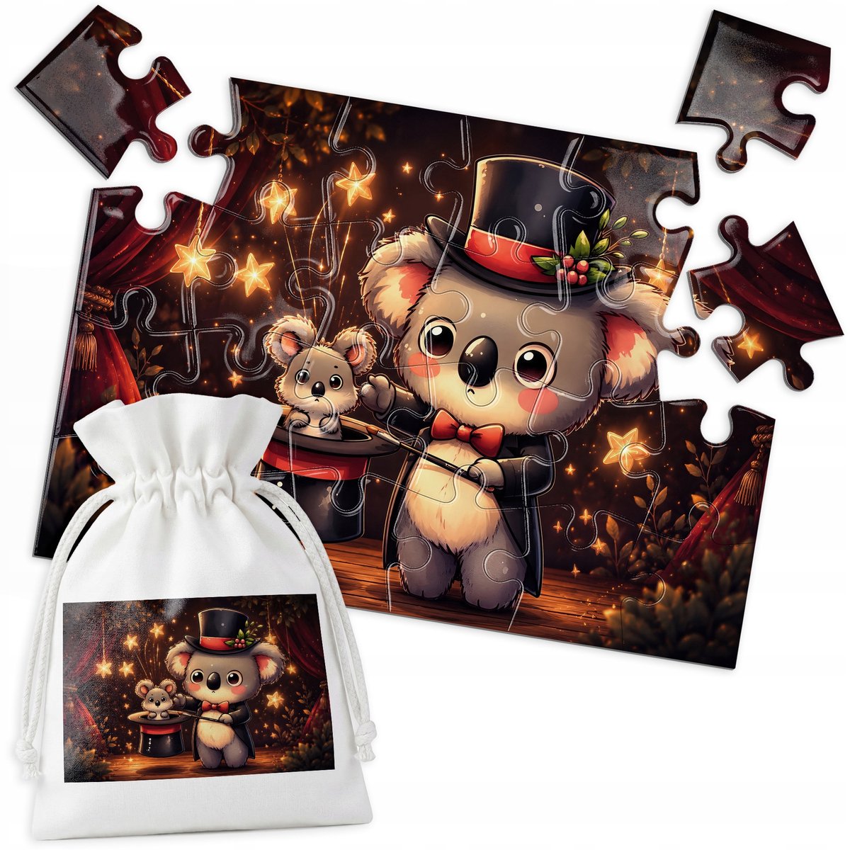 Merkloos Puzzel 24 Stukjes - Koala, Muts, Beer, Tovenaar - Kinderen