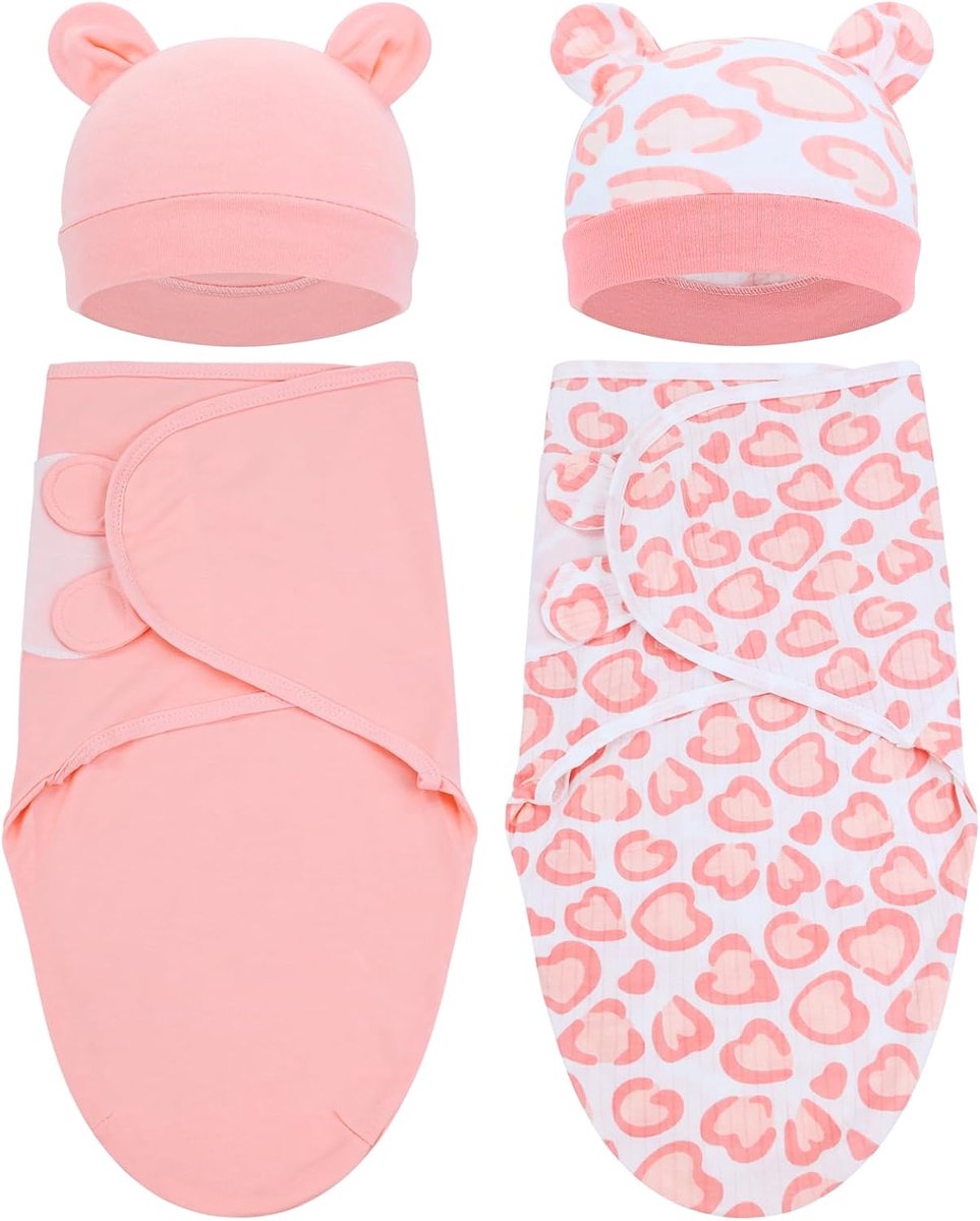 Set van 2 verstelbare, zachte katoenen babyslaapzakken/wiegjes met babymutsje