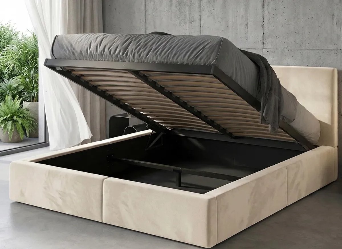 BMS HILTON Upholstered Bed, 160 x 200 cm, with storage, cashmere color