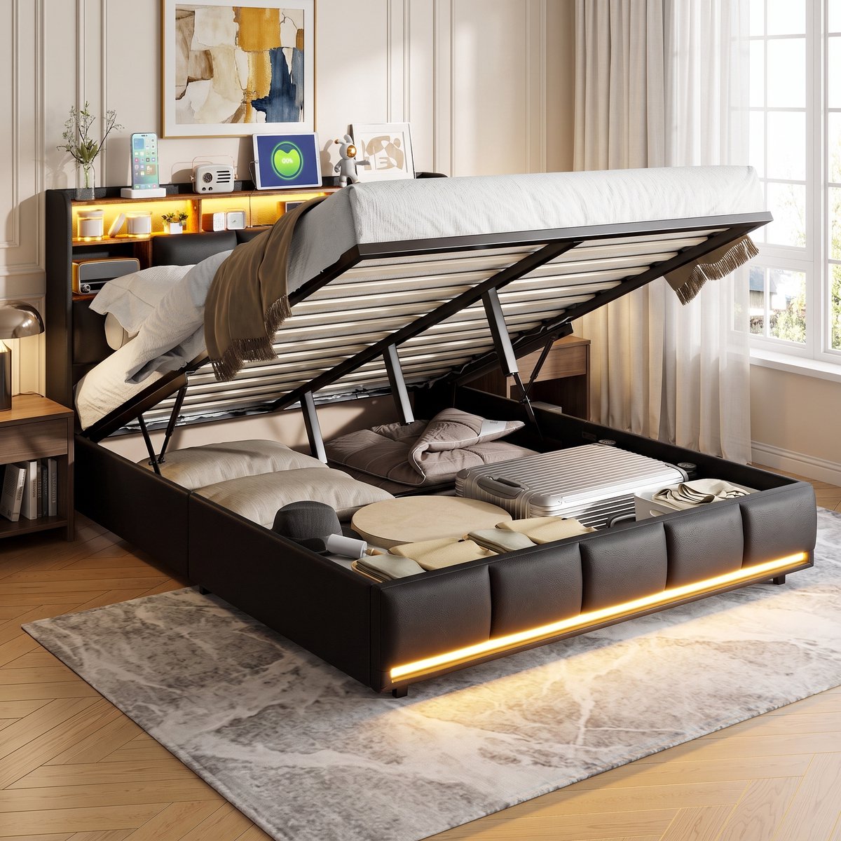 MEXUS Gestoffeerd Bed 140x190 cm, Volwassenenbed Ledverlichting, Opbergruimte Lattenbodem, Stekkerdoos (2 Stopcontacten, 2 USB-Poorten), PU-Materiaal, Zwart, Modern, Matras Niet Inbegrepen (Zwart, 140x190 cm)